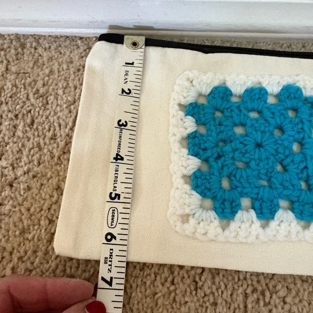 Upcycled Handmade Crochet Accent Pouch - Cream and Blue